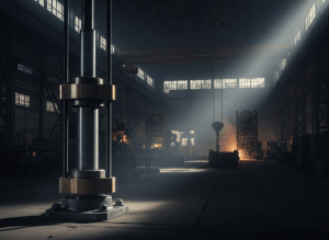 Dark industrial factory background with a strong hydraulic jack in the foreground, dramatic side lighting, emphasizing strength and reliability
